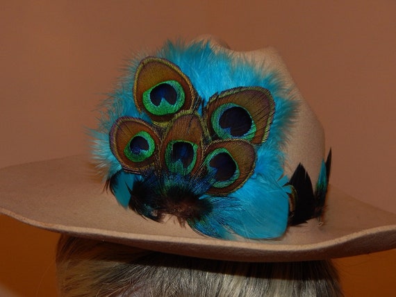 Peacock Feather Hat Band - Blue Hat Accessory - Cowboy Hat Band - Western Hat Band