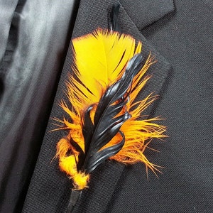 Halloween Feather Boutonniere - Black and Flourescent Orange Lapel Pin - Party Boutonniere