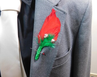 Red and Green Christmas Boutonniere with Real Christmas Bells - Christmas Wedding Boutonnierre