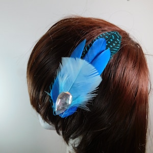 Blue Feather Hair Clip Triple Shades of Blue Feather Fascinator Party Hair Bow Blue Hair Pin Rhinestone fascinator image 1