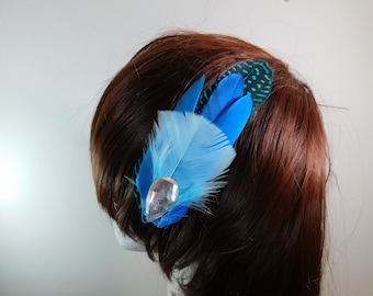 Blue Feather Hair Clip - Triple Shades of Blue Feather Fascinator - Party Hair Bow - Blue Hair Pin - Rhinestone fascinator
