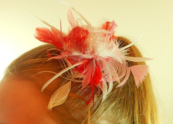 Red and White Feather Fascinator - Red Hair Pin - White Hair  display picture 2