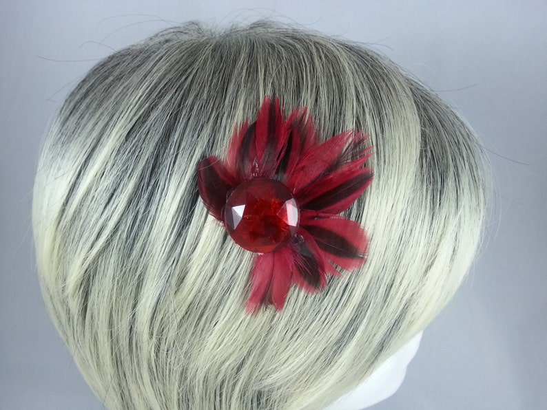 Red Feather Hair Clip Red Feather Fascinate Black Hair Piece Red Hair Comb Red Crystal Hair Bow image 4