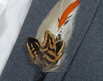 Rare Feather Boutonniere - Pheasant Feather Lapel Pin - Groom Boutonniere - Natural Feather Boutonniere - Prom Boutonniere