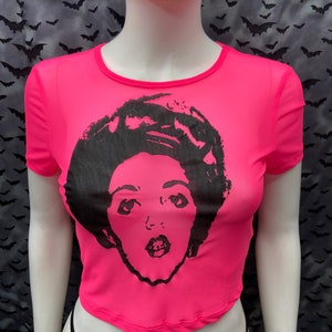X Ray Spex hot pink fashion sheer short sleeved crop top punk rock pogo poly
