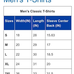 May include: A chart showing the size, width, length, and sleeve center back measurements in inches for men's classic t-shirts. Sizes range from S to 2XL.