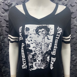 Oficial Screaming Dead moda decote em v com tiras listradas mangas top gótico punk gótico deathrock