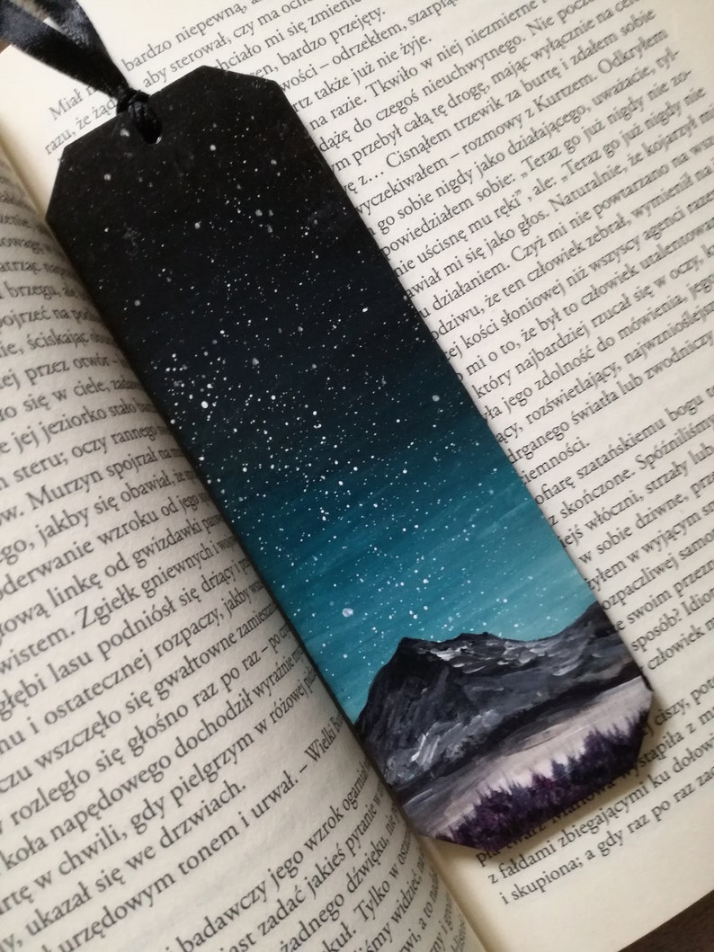 Wooden bookmark starry night mountain landscape miniature | Etsy
