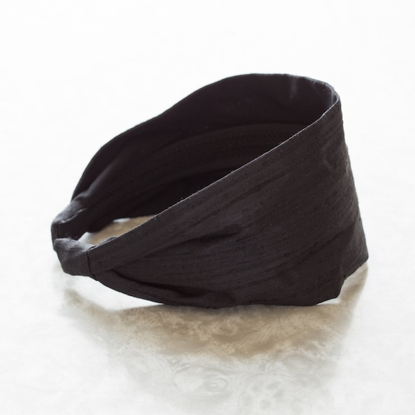 Dupioni Silk - Coal - Black Retro Style Wide Silk/Cotton Fabric Headband