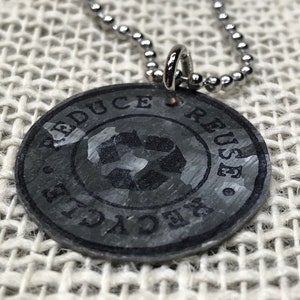 Recycle Earth Day Necklace: Reclaimed Steel Charm, Stainless Steel Chain