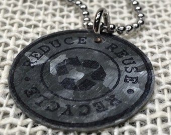 Recycle Earth Day Necklace: Reclaimed Steel Charm, Stainless Steel Chain