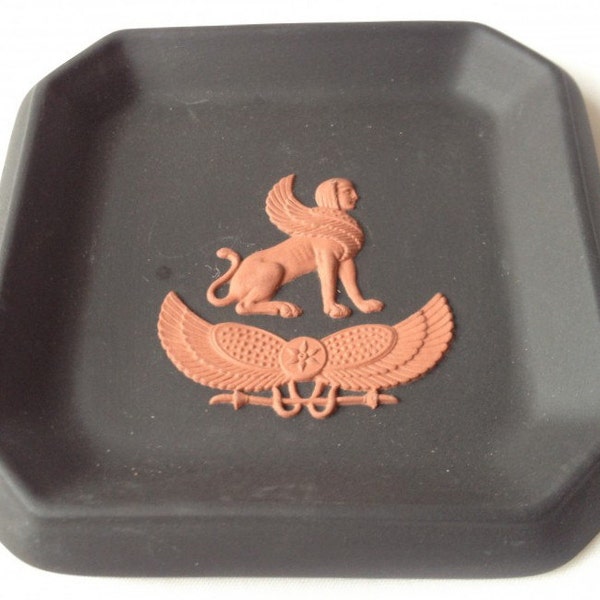 Wedgwood Egyptian pin dish - black and terracotta griffin trinket box - 1978