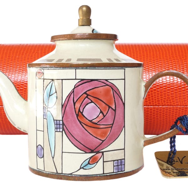 Rennie Mackintosh Rose teapot - miniature enamel teapot - Charlotte di Vita Trade Plus Aid