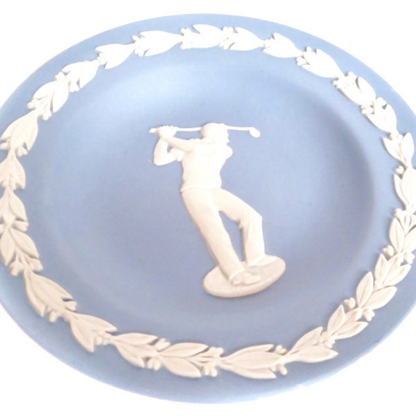 Wedgwood Golfer pin dish - round blue jasperware golfing small plate - boxed