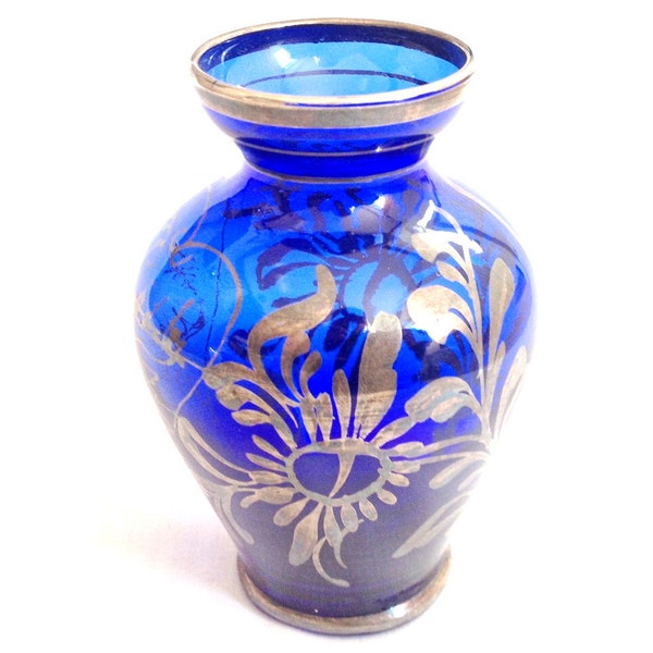 Blue venetian glass vase - silver overlay - blue glass