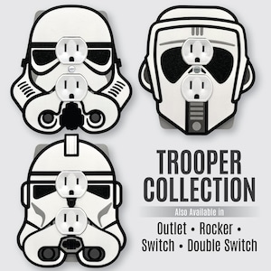 May include: Three white and black wall plate covers shaped like trooper helmets, each featuring two integrated electrical outlet receptacles. The text TROOPER COLLECTION is displayed alongside the text Also Available in Outlet, Rocker, Switch, Double Switch.