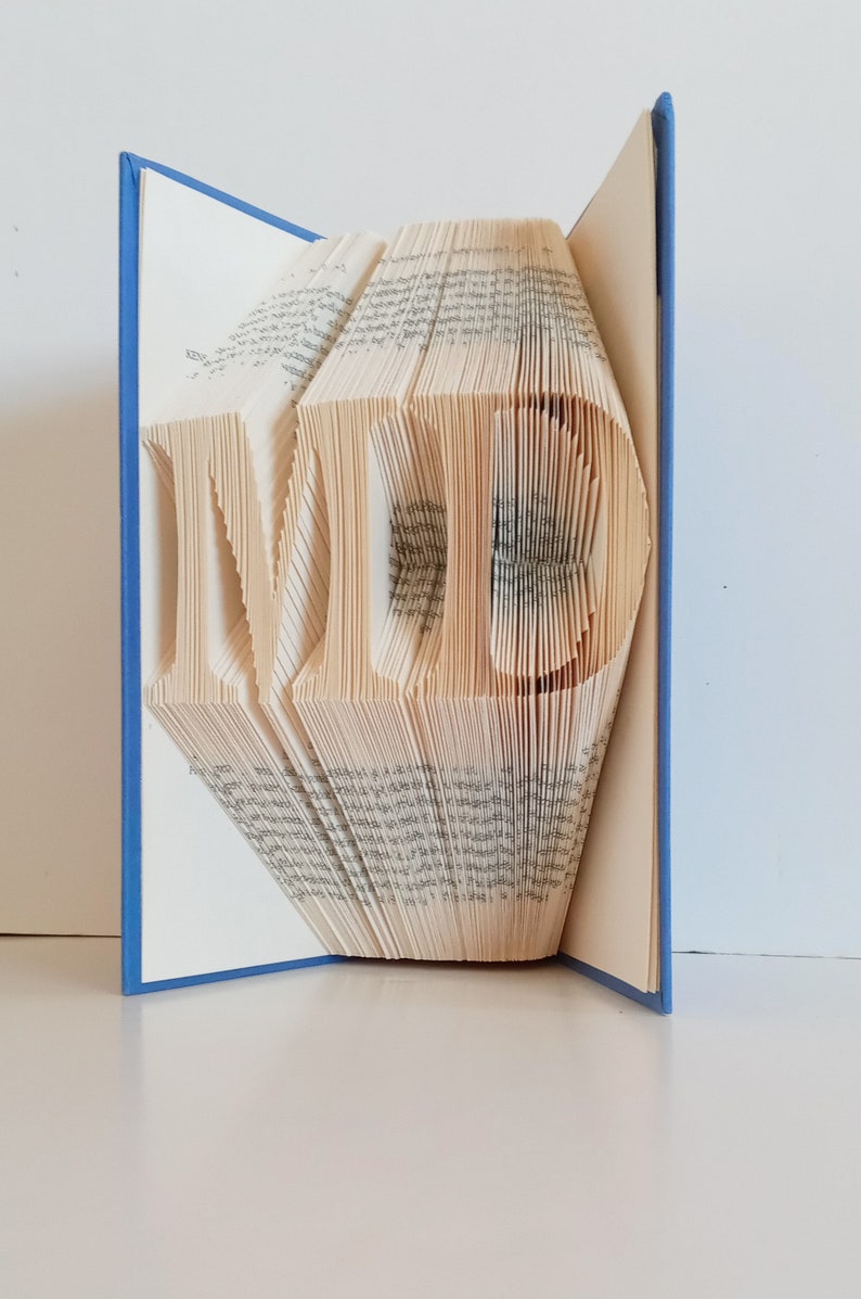 May include: A book with the letters "MD" folded into the pages. The book has a blue cover.