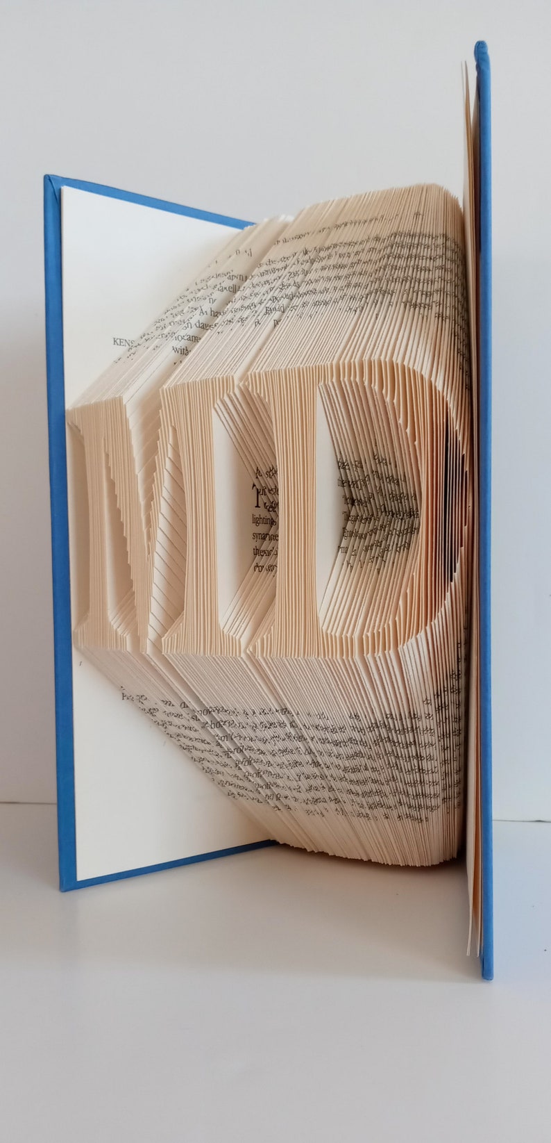 May include: A book with pages folded into the shape of the word "MID" in a blue book cover. The book is standing upright on a white surface.