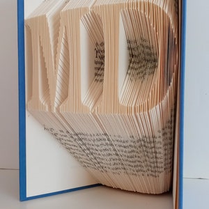 May include: A book with pages folded to create a three-dimensional sculpture of the letters "MD". The book is bound in blue.