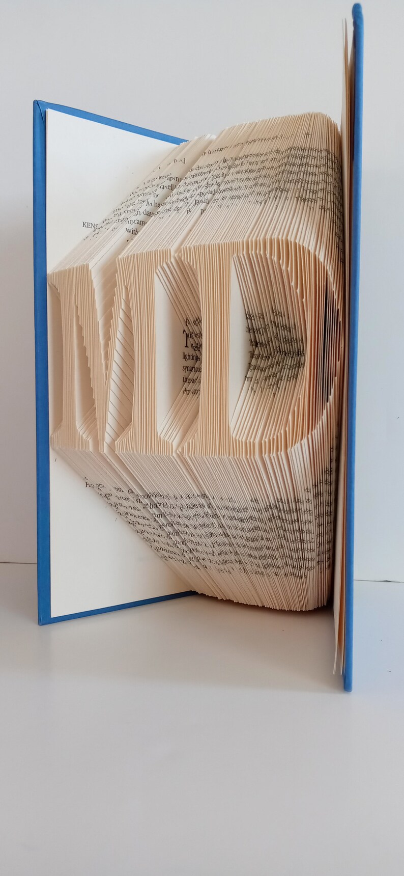 May include: A book with pages folded to create a three-dimensional sculpture of the letters "MD". The book is bound in blue.