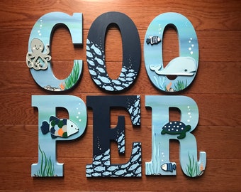 Custom Letters LAMBS & IVY OCEANIA Ahoy Sea Sweetie Ocean Sea Life Turtle Fish Whale Hand-Painted Personalized Wood Name.. Priced Per Letter