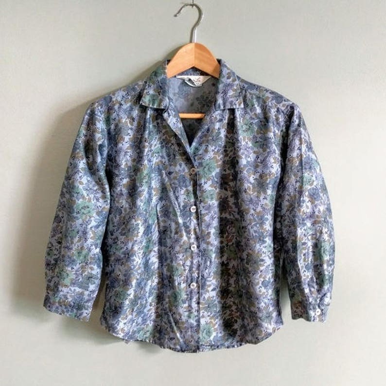 vintage 60/'s 34 sleeve floral button front blouse in blue size medium