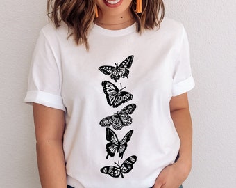 T-shirt papillons UNISEXE, chandail graphique insectes, illustration linogravure fait main, chandail thème papillons, mode éthique