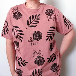 Hand Printed Peony T-Shirt: Unisex Botanic Floral Design