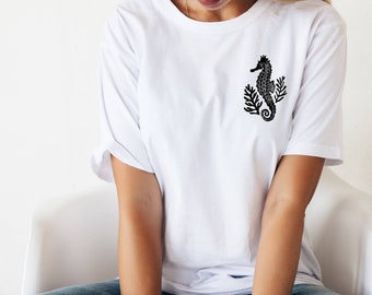 Hand Printed Seahorse T-Shirt, Unisex Sea Lover Tee, Lino Block Design