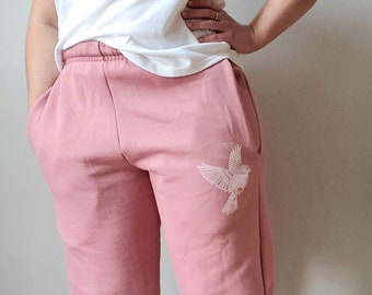 Pink sweatpants, soft pink jogger, hand printed unisex jogging pants, cozy fleece lounge pants, ethical clothing, cute gift for her