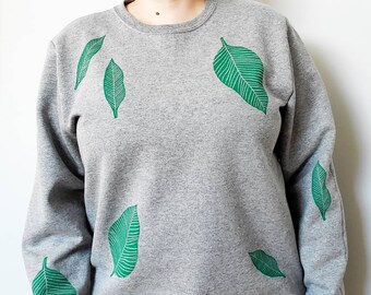 Hand Printed Leaf Sweatshirt: Unisex Block Print Fleece Jumper