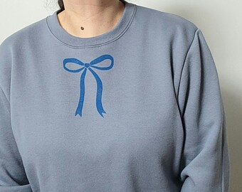 Bow sweatshirt, blue bow crewneck, hand block printed coquette ribbon illustration, cute jumper, gift for her, ethical spring fashion