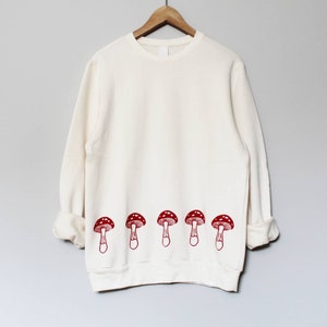 Ready to ship Red mushrooms bamboo unisex sweatshirt, hand printed design, organic fleece crewneck sweater, soft jumper, ethical fashion image 1