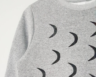 Crescent moon sweatshirt, moon phases unisex crewneck, hand stamped minimalist half moon design, monochrome print gray sweater fleece jumper