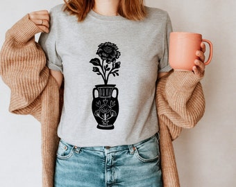 Flower vase t-shirt, UNISEX hand printed tshirt, linocut botanical print, block printed floral theme illustration, ethical fashion