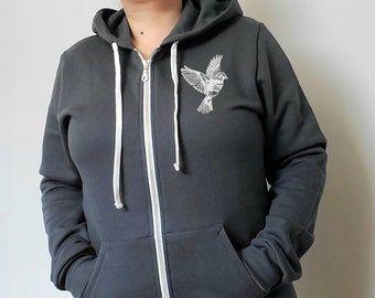 Zipped Hoodie, hand printed unisex slim fit full zip hoody, block print lino design, fleece sweatshirt, ethical fashion