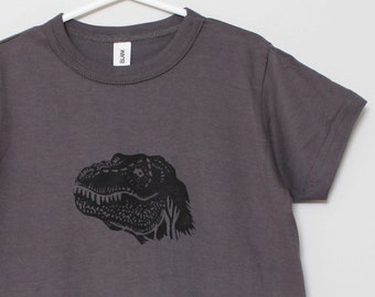 Dinosaur t-shirt, KID unisex tyrannosaurus rex shirt, t-rex hand printed tee, dino clothing, hand stamped design, monochrome block print