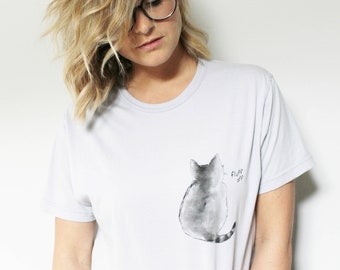 Cat t-shirt, black cat hand painted shirt, UNISEX pocket tee, fluff off, minimalist watercolor design, monochrome wearable art