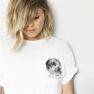 Full moon t-shirt, moon phases hand painted UNISEX pocket shirt, dans la lune, monochrome minimalist, celestial art, white relaxed fit image 1