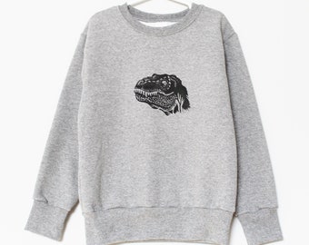 Dinosaur kid sweatshirt, tyrannosaurus rex unisex crewneck, t-rex hand printed sweater, lino print design, monochrome pullover, fall jumper