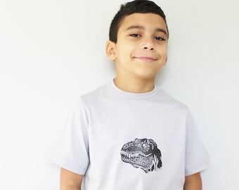 Dinosaur t-shirt, KID unisex tyrannosaurus rex shirt, t-rex hand printed tee, dino clothing, hand stamped design, monochrome block print