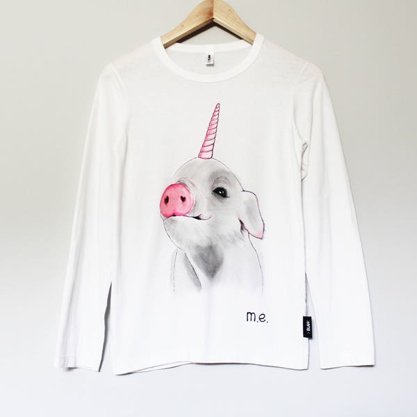 Pig unicorn hand painted t-shirt, wearable art, Pigicorn, unipig, one of a kind tshirt, crew neck long sleeve, white woman's tee, size SMALL