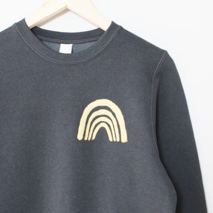 Ready to ship / Gold rainbow bamboo unisex sweatshirt, hand painted design, charcoal organic fleece crewneck sweater, ethical fashion