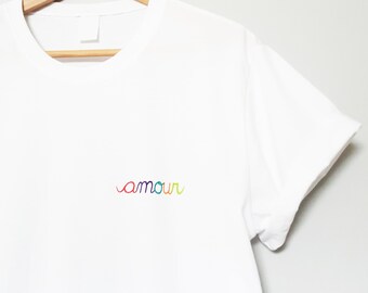 Love t-shirt, amour hand painted tee, UNISEX minimalist graphic shirt, rainbow tee, hand lettered calligraphy, ethical fashion, relaxed fit