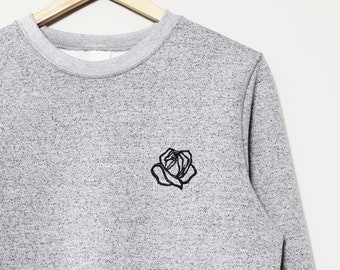 Rose sweatshirt, unisex flower crewneck, hand printed black rose, hand stamped design, ethical fashion, gray black sweater, fleece jumper