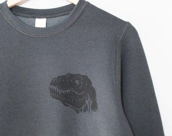 Dinosaur bamboo unisex sweatshirt, t-rex block print design, charcoal organic fleece crewneck sweater, ethical fashion, soft dino jumper