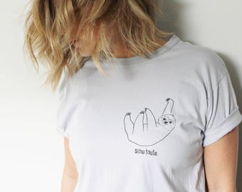 Sloth t-shirt, hand painted tee, UNISEX pocket shirt, cute minimalist top, slow sloth, unique wearable art, relaxed fit