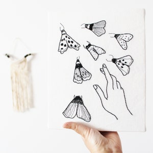 Embroidery art, moths with hand, embroidered contemporary textile artwork, modern black white minimalist, hand stitched, home decor, 8x10
