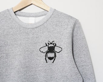 Bee sweatshirt, unisex bumble bee crewneck, black honey bee linoprint, minimalist insect design, hand block print sweater grey fleece jumper