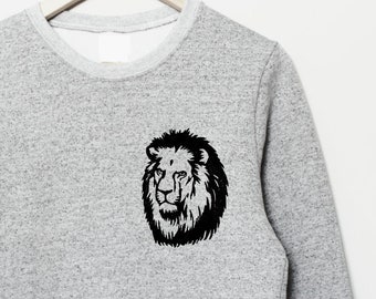 Lion sweatshirt, unisex lion crewneck, black graphic lion, linocut sweater, hand printed sweater, hand stamped gray jumper, ethical clothing